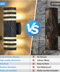 Comparison of aluminum dusk to dawn outdoor wall lights vs rusted metal sconce under rain, highlighting features.
