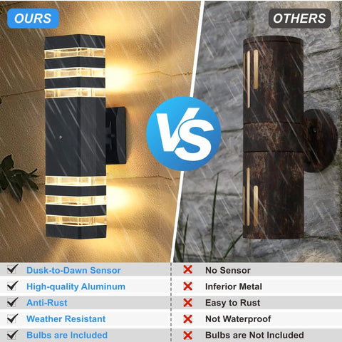 Comparison of aluminum dusk to dawn outdoor wall lights vs rusted metal sconce under rain, highlighting features.