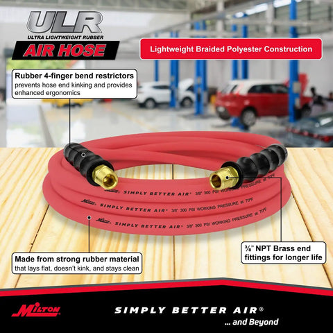 Ultra Lightweight Three Eighths Inch By Twenty Five Foot Rubber Air Hose With Three Eighths Inch NPT Ends coiled on table
