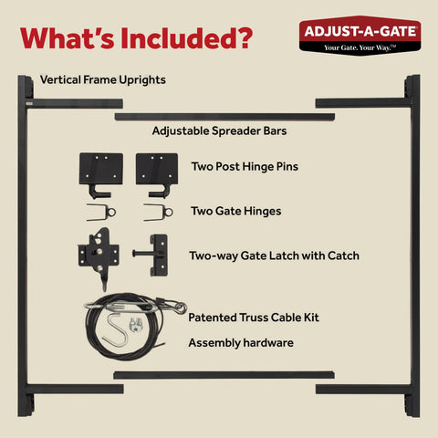 Heavy Duty Full Frame Gate Kit with steel hardware, patented truss cable system, adjustable spreader bars, and gate hinges.