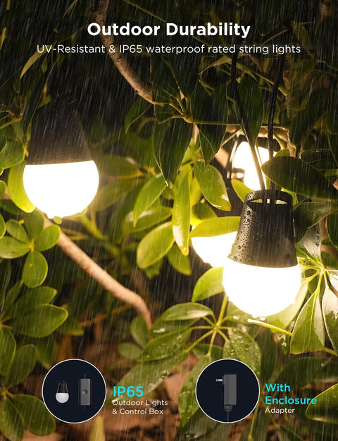 Two-Set 144-Foot Smart Outdoor String Lights With Dimmable Warm White LEDs, 47 Scene Modes, IP65 Waterproof, hanging in the rain