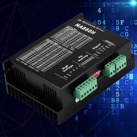 MA860H 200KHz stepper motor driver microstep controller module with optical isolation and 7A peak, front view against tech background