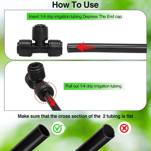 Instructions for using 24 Pack One Quarter Inch Drip Irrigation Tee Connectors Quick Connect Fittings Push To Fit For One Quarter Inch Drip Tubing Sprinkler And Irrigation Systems Easy Install And Customizable Layouts