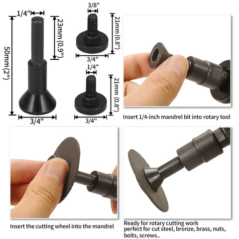 Two Inch Cut Off Wheel Kit With One Quarter Inch Stem Mandrel For Die Grinder And Rotary Tool Three Eighth Inch Arbor Hole Pro Grade Metal And Stainless Steel Cutting Includes Five Discs And A Handy Mini Mount Mandrel in use
