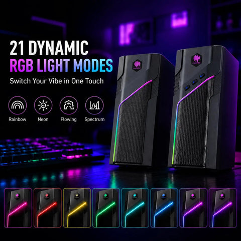 RGB Gaming Speakers For PC Desktop With 21 Lighting Modes, Bluetooth Ready Stereo Computer Speakers on a desk setup