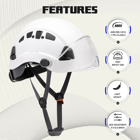 Side view of Safety Hard Hat ANSI Z89.1 Approved With Visor showing features like high-impact ABS, lightweight design, and size adjustment.