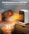 All In One Indoor Space Heater With 1500W Max by bedside, LED display showing temperature, suitable for quiet small rooms.