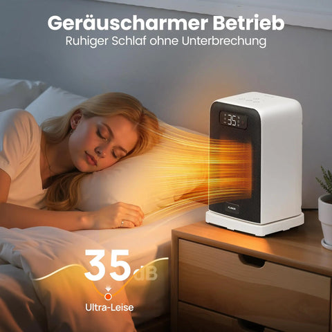 All In One Indoor Space Heater With 1500W Max by bedside, LED display showing temperature, suitable for quiet small rooms.