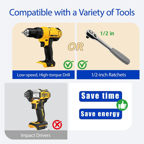 Image showing compatibility of Heavy Duty Trailer Jack Drill Adapter With One Inch Shaft And Half Inch Socket For Standard Drills with low-speed drills and 1/2-inch ratchets.