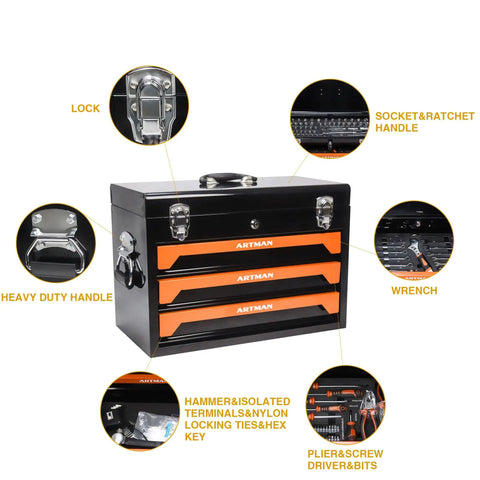 Beefy Heavy Duty 3 Drawer Metal Tool Chest Organizer With Ball Bearing Drawer Slides Portable Garage Workshop Tool Box