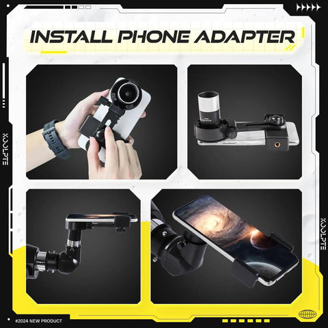 Four views of phone adapter installation for 90mm Aperture Telescope With 700mm Focal Length, Go-To Pro Level Beginner Kit.