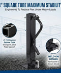 Heavy Duty Weld On Trailer Jack For Utility Trailers With 12000 Lbs Hold And Heavy Hitter 4 Inch Square Tube Frame close-up showing black finish and design features.