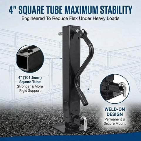 Heavy Duty Weld On Trailer Jack For Utility Trailers With 12000 Lbs Hold And Heavy Hitter 4 Inch Square Tube Frame close-up showing black finish and design features.