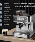 Pro Grade Dual Boiler Espresso Machine With Built In Grinder, 20 Bar Pressure, 30 Custom Settings, Smart LCD Screen, Large Tank For Zero Hassle Brewing And Top Shelf Shots Daily with LCD display and bean container.