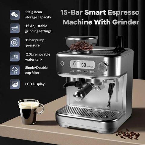 Pro Grade Dual Boiler Espresso Machine With Built In Grinder, 20 Bar Pressure, 30 Custom Settings, Smart LCD Screen, Large Tank For Zero Hassle Brewing And Top Shelf Shots Daily with LCD display and bean container.