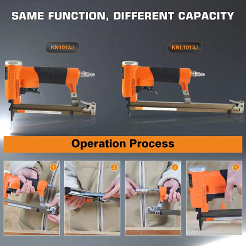 Different capacity Pro Grade Heavy Duty Upholstery Stapler for Furniture Making with extended magazine, operation steps shown.