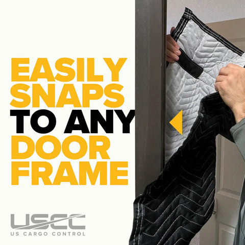 Heavy Duty Quilted Door Jamb Protector Pad 72 By 24 Inch With Metal Flex Loop Rings Cotton Polyester Blend in use on a door frame.