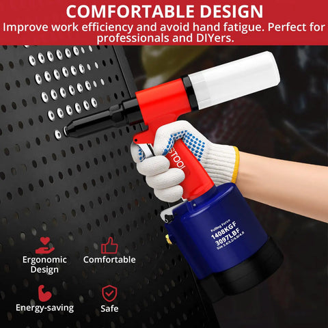Heavy Duty Pneumatic Rivet Gun With 3097 LBF Pulling Power Air Riveter Kit in action against perforated metal surface