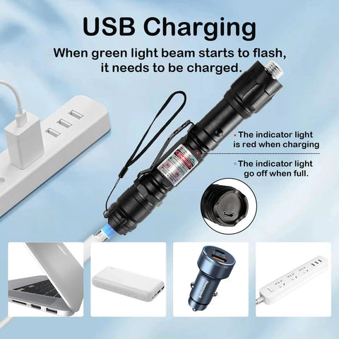 USB charging setup for Green Light Flashlight Dope Rechargeable With Long Range Adjustable Focus Tactical Beam