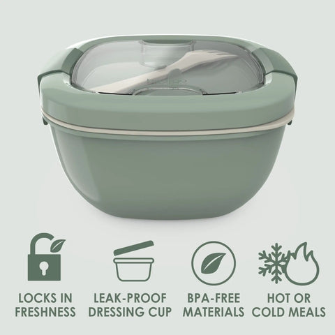 Salad On The Go Meal Prep Kit With 54 Oz Bowl Four Compartment Toppings Tray Leak Proof Dressing Container Reusable Fork BPA Free Lunch Box Removable Bento Tray Khaki Green shown with closed lid and features icons