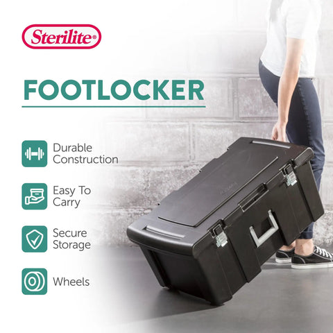 Flex Your Storage Game With Heavy Duty Plastic Footlocker Rolling Bin With Wheels And Handle, Stackable Tote Featuring Secure Latching Lid For Basements Dorms And Shared Spaces, Smooth Operator Hauler Chest In Black, durable black bin being carried.
