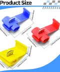 150 Pcs Solderless Quick Splice Wire Connectors Kit For 22 To 10 AWG No Strip Tap Crimp Joiners, DIY Friendly, Easy Entry Design, Color Coded Red Blue Yellow, Ideal For Auto, Motorcycle, And Home Wiring Projects shown with size dimensions