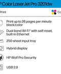 Features of HP Color LaserJet Pro 3201dw including 26 ppm printing, Wi-Fi, Ethernet, 250-sheet tray, hybrid display, HP security, USB 2.0.