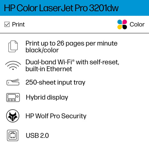 Features of HP Color LaserJet Pro 3201dw including 26 ppm printing, Wi-Fi, Ethernet, 250-sheet tray, hybrid display, HP security, USB 2.0.