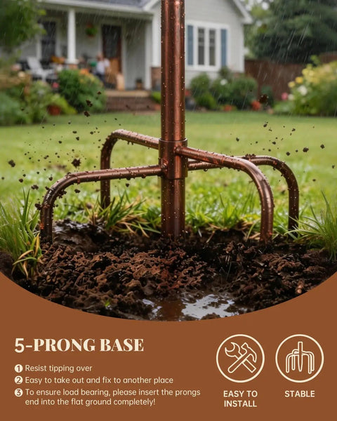 Five prong base of Two In One Metal Bird Bath And Feeder For Outdoor Gardens, Vintage Bronze Free Standing Yard Decor on lawn