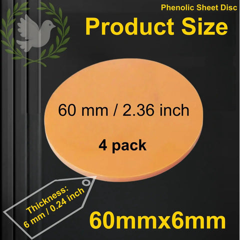 Orange Bakelite Disc 60x10mm Phenolic Resin Plate For Machining And Fabrication shown with size 60mmx6mm and pack information