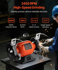 Badass Six Inch Bench Grinder With 3450 Rpm Single Speed Motor And Dual Grit Grinding Wheels Paired With Bright Led Work Light For Fast Steel Sharpening And Serious Shop Projects on a workbench with sparks flying.
