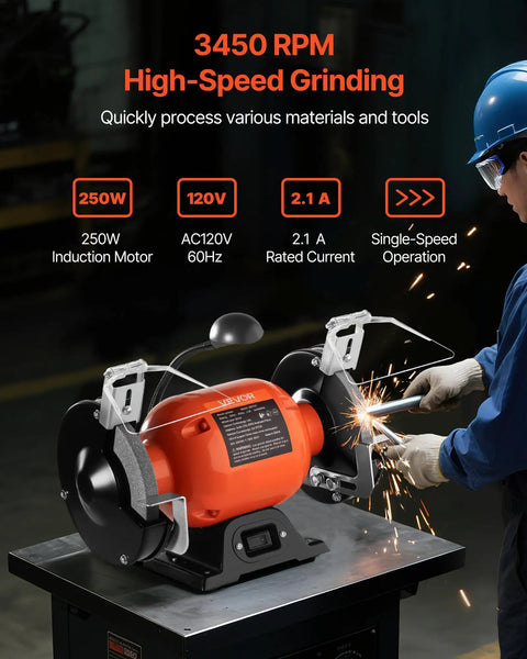 Badass Six Inch Bench Grinder With 3450 Rpm Single Speed Motor And Dual Grit Grinding Wheels Paired With Bright Led Work Light For Fast Steel Sharpening And Serious Shop Projects on a workbench with sparks flying.