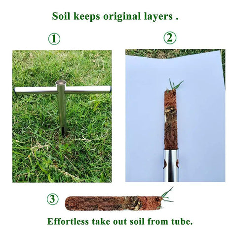 12 Inch Pro Grade Soil Sample Probe With T Handle For Easy Soil Testing And Sampling Soil Sampler Tool For Lawn Garden Farm Precise Soil Probe Kit For Moisture Depth And Layer Analysis - showing soil layers extraction sequence in three steps.