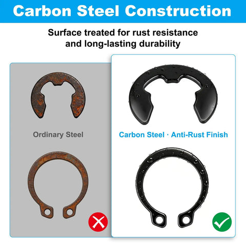 Industrial Grade Black Carbon Steel C Clips And E Clips Kit With 840 Pieces External Retaining Snap Rings For Automotive, Machinery, And Home Repairs Built Tough For Heavy Duty Vibration, Heat, And Corrosion Resistance. carbon steel c clip anti-rust finish compared with ordinary steel