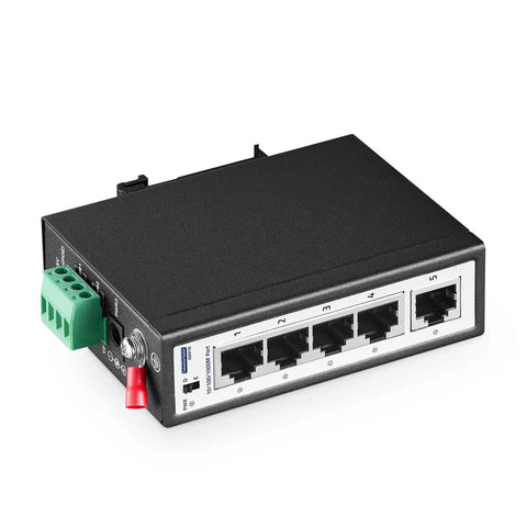Rugged 5 Port Industrial Gigabit Ethernet Switch for DIN Rail and Wall Mount, Unmanaged, IP30 Hardened, front view