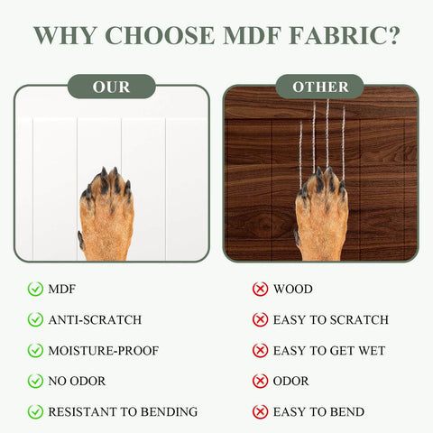 Comparison of MDF and wood surfaces with dog paw showing anti-scratch and moisture-proof benefits of MDF material.
