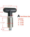 Front view of Beefy Three-Eighths Inch Spring-Loaded Pull Pin With T-Handle, showing dimensions and steel plunger dowel pin.