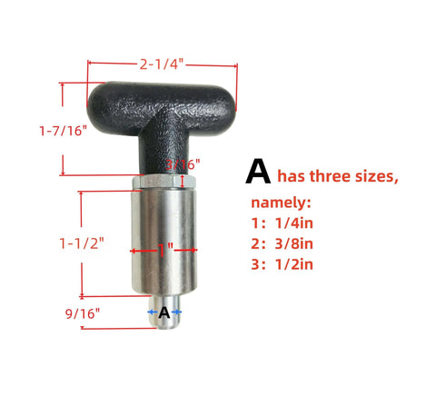 Front view of Beefy Three-Eighths Inch Spring-Loaded Pull Pin With T-Handle, showing dimensions and steel plunger dowel pin.