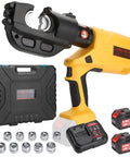 Heavy Duty 12 Ton Electric Hydraulic Cable Crimping Machine With Digital Readout And Eleven Premium Dies, includes batteries and case.