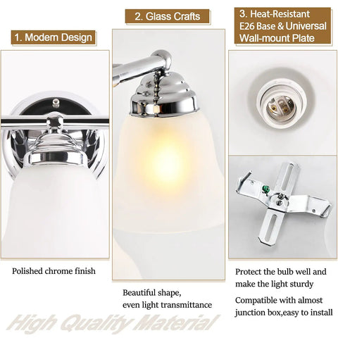 Dope Three Light Chrome Vanity Light Fixture With Frosted Glass Shades showing polished chrome finish and heat-resistant E26 base.
