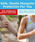Comparison of arm with mosquito bites and arm with Squito Stickers Mosquito Repellent Patches 78 Patch Pack DEET-Free All Natural Citronella Oil Mosquito Defense For Adults, Kids, Toddlers Camping Beach Outdoor Gear Easy Stick On Protection.