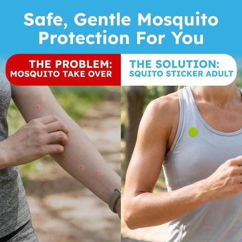 Comparison of arm with mosquito bites and arm with Squito Stickers Mosquito Repellent Patches 78 Patch Pack DEET-Free All Natural Citronella Oil Mosquito Defense For Adults, Kids, Toddlers Camping Beach Outdoor Gear Easy Stick On Protection.