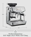 Automatic Espresso And Cold Brew Coffee Maker Featuring Touch Display Auto Milk Frothing Wand For Silky Microfoam And Next Level Latte Art Noir, showing product dimensions 16.3" H x 14.2" W x 13.4" D.