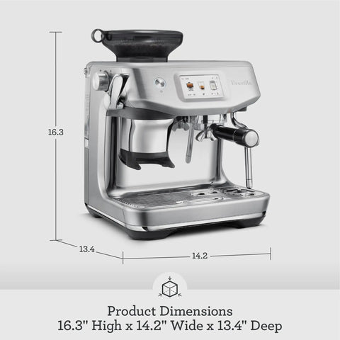 Automatic Espresso And Cold Brew Coffee Maker Featuring Touch Display Auto Milk Frothing Wand For Silky Microfoam And Next Level Latte Art Noir, showing product dimensions 16.3" H x 14.2" W x 13.4" D.