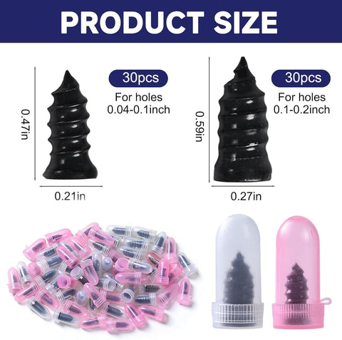 60 Piece Tire Repair Kit With Rubber Plugs And Spiral Screws showing plug sizes and packaging for DIY puncture repair