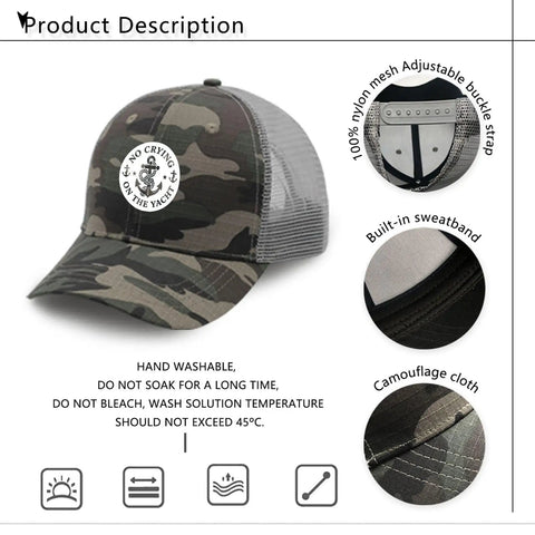 No Crying On The Yacht Women's Breathable Outdoor Trucker Hat with adjustable strap in camo pattern, breathable mesh sides.