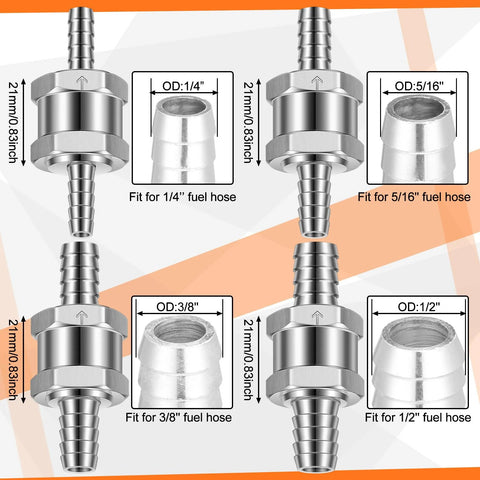 inline fuel check valves set with sizes 1/4, 5/16, 3/8, 1/2 inch in aluminum alloy