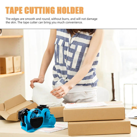 Semi Automatic Heat Tape Cutter With Compact Desktop Packing Station And Lightweight Tape Holder For Quick Box Sealing And Top Shelf Shipping Hustle The Reliable Gadget For Smooth Tape Dispensing Routine Blue on a table in use with packages.