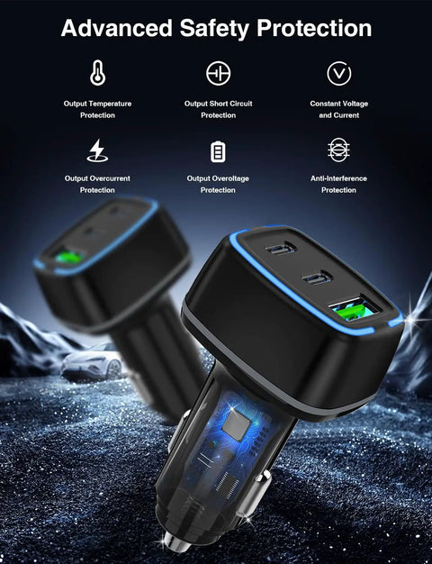 Hella Fast 75W USB C Car Charger With Three Ports Delivering PD 3.0 And QC 3.0 Power for quick charging in a car.