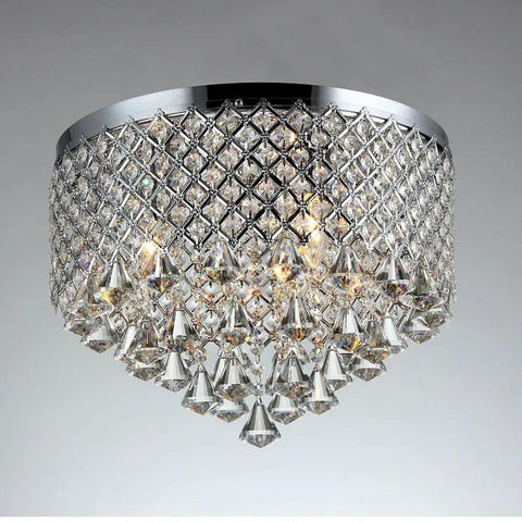 Chrome Three Light Crystal Flush Mount Ceiling Light With Showstopper Crystal Clusters, 16 Inch Diameter, modern fixture